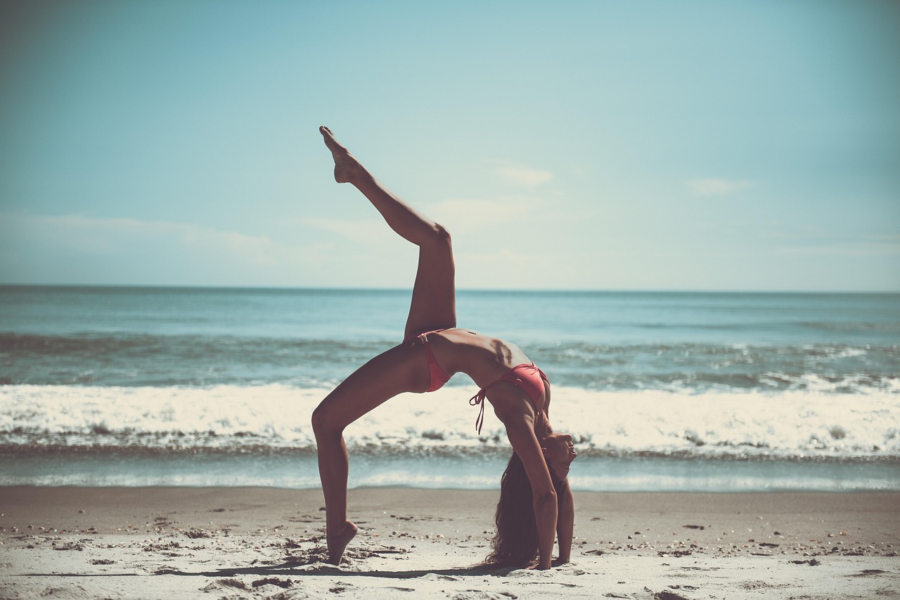 beach, yoga, athlete, sportive, skinny, slim, ocean, woman, relaxation, sand, sea, seashore, tropical, nature, water, exercise, stretching, flexible