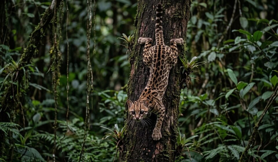 margay, cat, climbing, tree, jungle, spots, animal, eyes, nocturnal, pet, ankle, nature, vertical