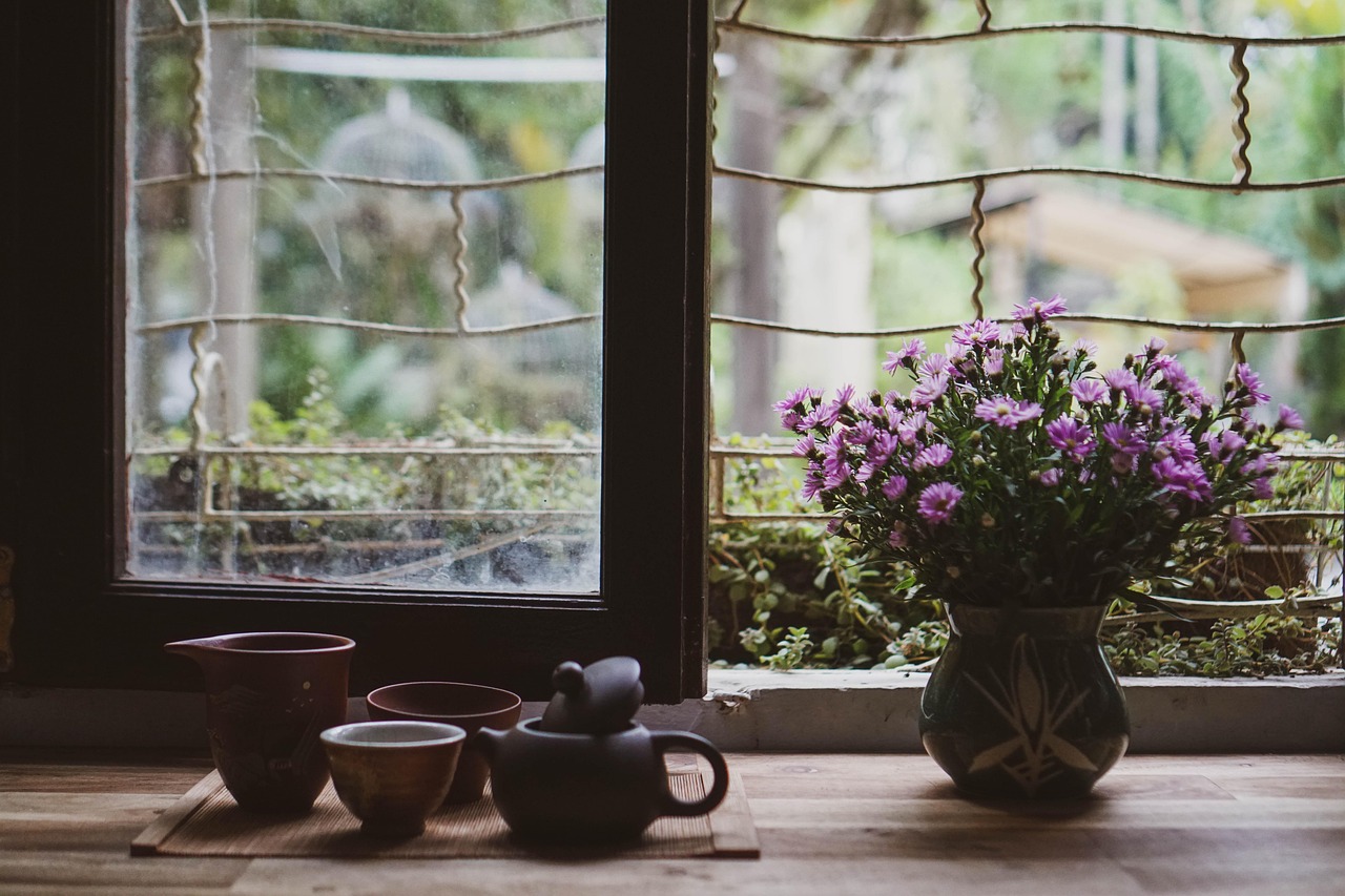 tea, teacup, flowers, vase, warm tea, nature, cup, tea ceremony, flower wallpaper, asters, decorate, tea cup, flower background, beautiful flowers, windows, peaceful