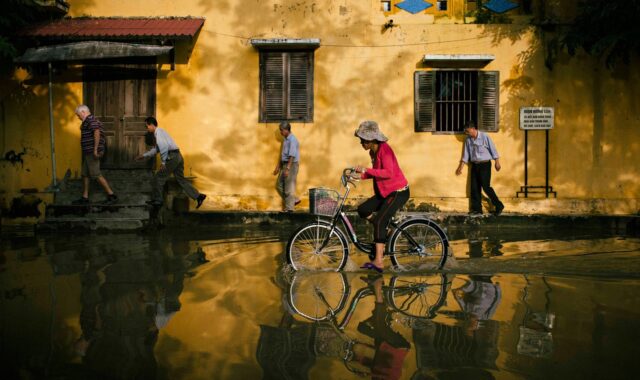 biking, street, flood, city, bike, bicycle, bicycle ride, riding bike, flooding, nature, water, water reflection, road, hoi an, vietnam, flooded street