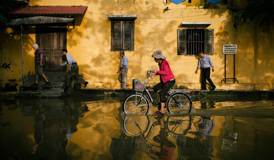 biking, street, flood, city, bike, bicycle, bicycle ride, riding bike, flooding, nature, water, water reflection, road, hoi an, vietnam, flooded street