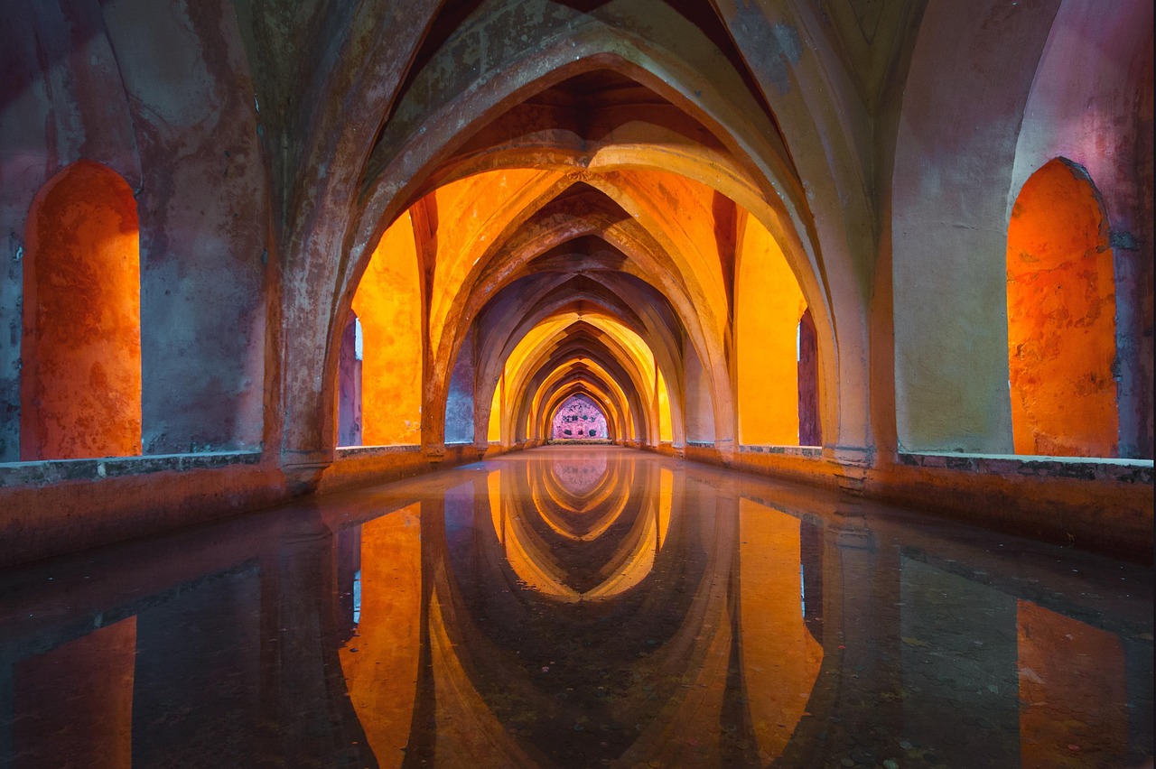 water, architecture, arches, arcade, interior, reflection, church, design, colour, spain, nature, old, hallway, temple